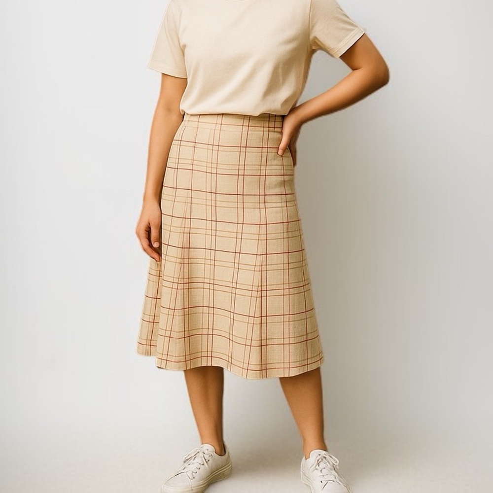 Vintage 1970’s Aquascutum Wool Plaid Midi Skirt | Size 12